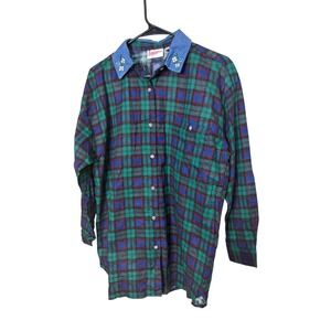 Pennylane Plaid Button Down Shirt Women's Size L Denim Collar Floral Detail